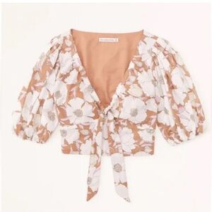 Abercrombie & Fitch Tie Front Floral Puff Sleeve Crop Top